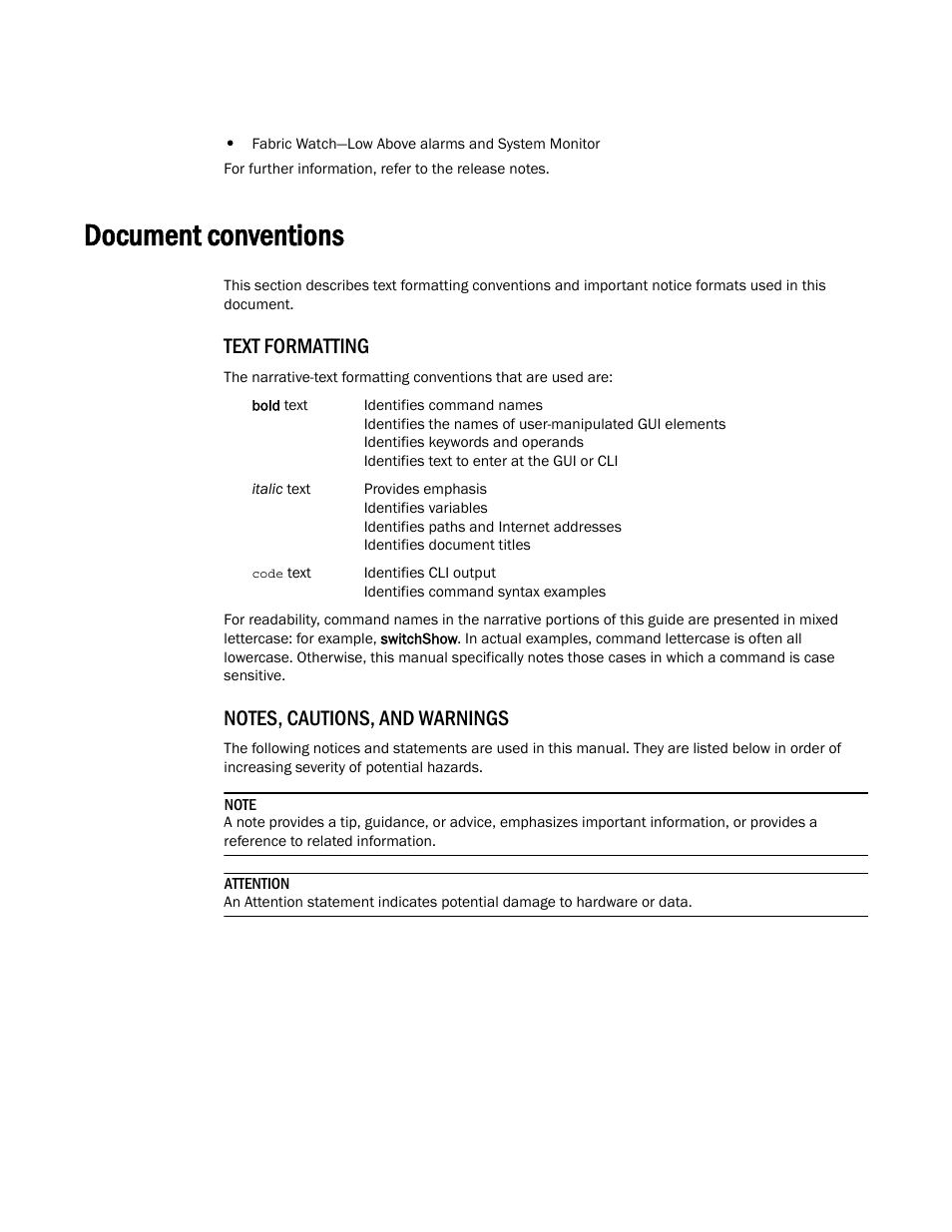 Document conventions, Text formatting, Notes, cautions, and warnings | Dell POWEREDGE M1000E User Manual | Page 24 / 310