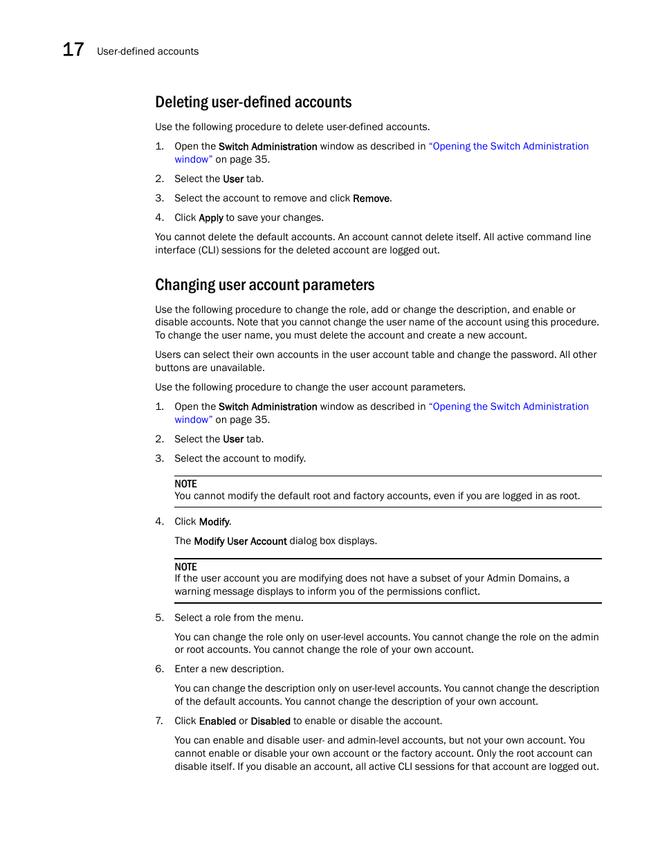 Deleting user-defined accounts, Changing user account parameters | Dell POWEREDGE M1000E User Manual | Page 240 / 310