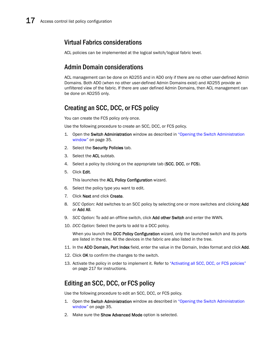 Virtual fabrics considerations, Admin domain considerations, Creating an scc, dcc, or fcs policy | Editing an scc, dcc, or fcs policy | Dell POWEREDGE M1000E User Manual | Page 244 / 310