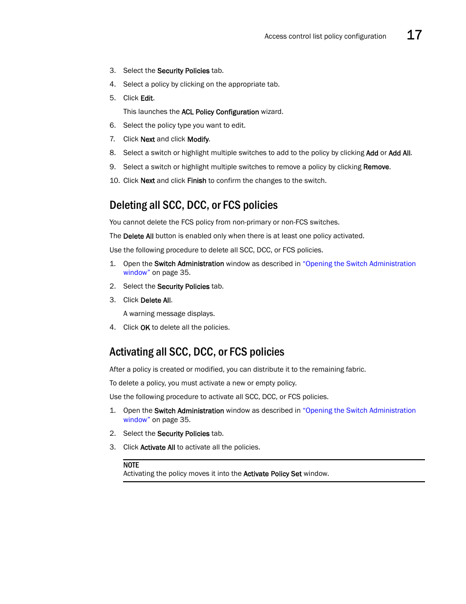 Deleting all scc, dcc, or fcs policies, Activating all scc, dcc, or fcs policies | Dell POWEREDGE M1000E User Manual | Page 245 / 310