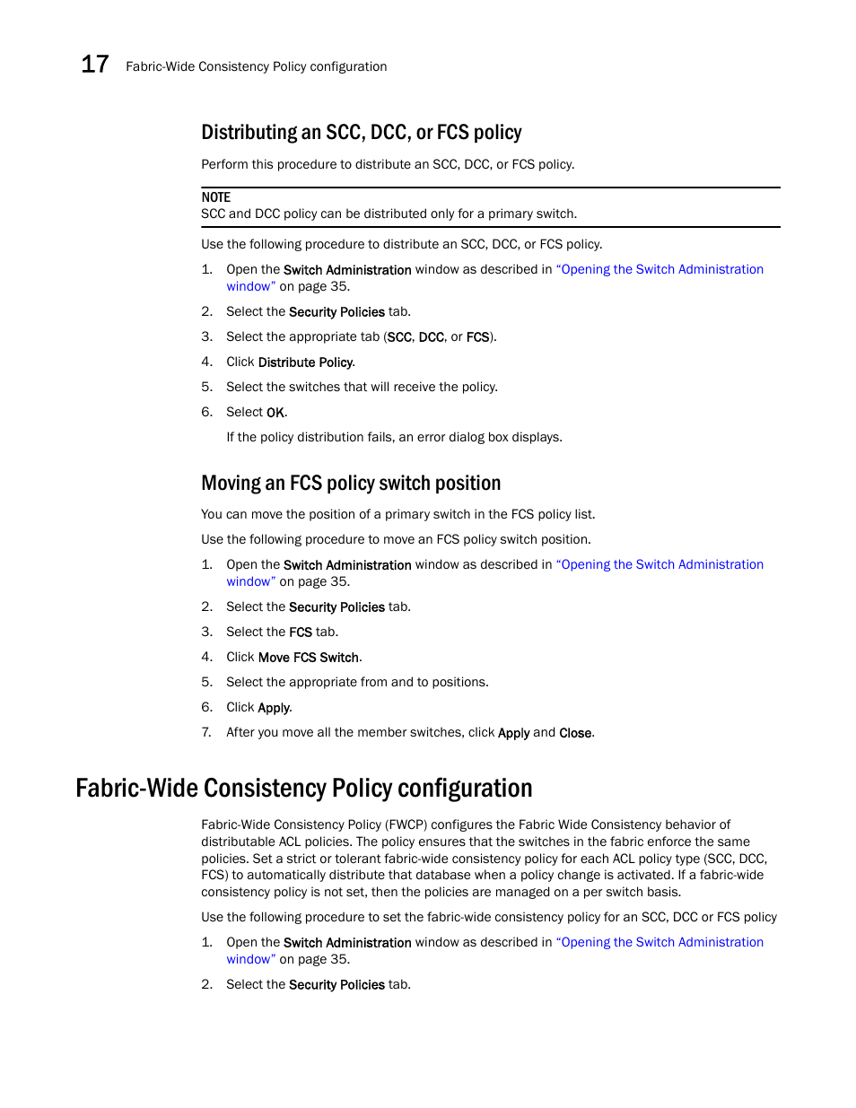 Distributing an scc, dcc, or fcs policy, Moving an fcs policy switch position, Fabric-wide consistency policy configuration | Dell POWEREDGE M1000E User Manual | Page 246 / 310