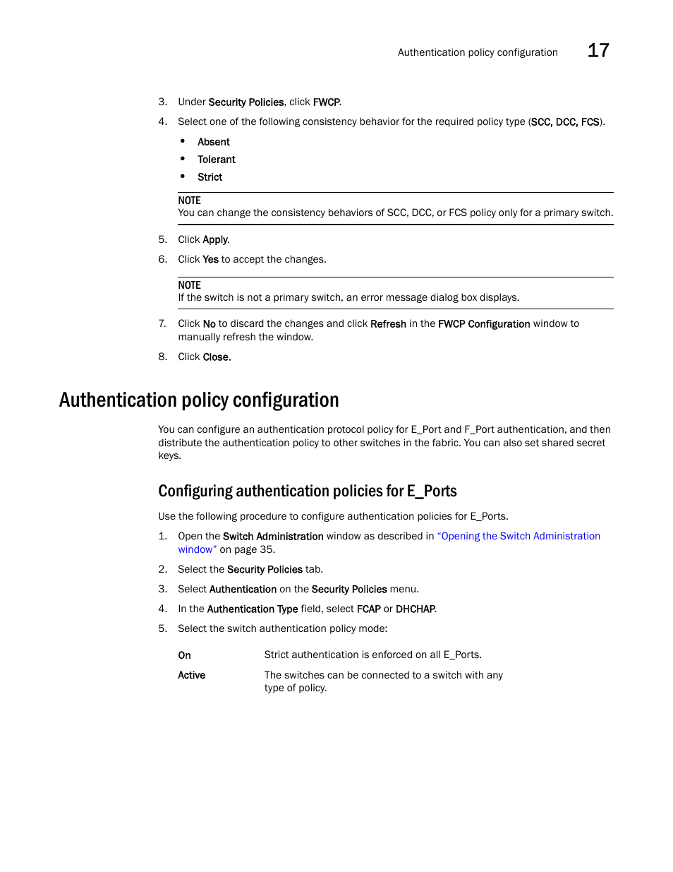 Authentication policy configuration, Configuring authentication policies for e_ports | Dell POWEREDGE M1000E User Manual | Page 247 / 310