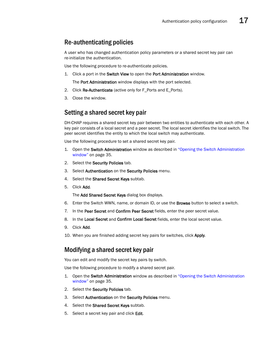 Re-authenticating policies, Setting a shared secret key pair, Modifying a shared secret key pair | Dell POWEREDGE M1000E User Manual | Page 249 / 310