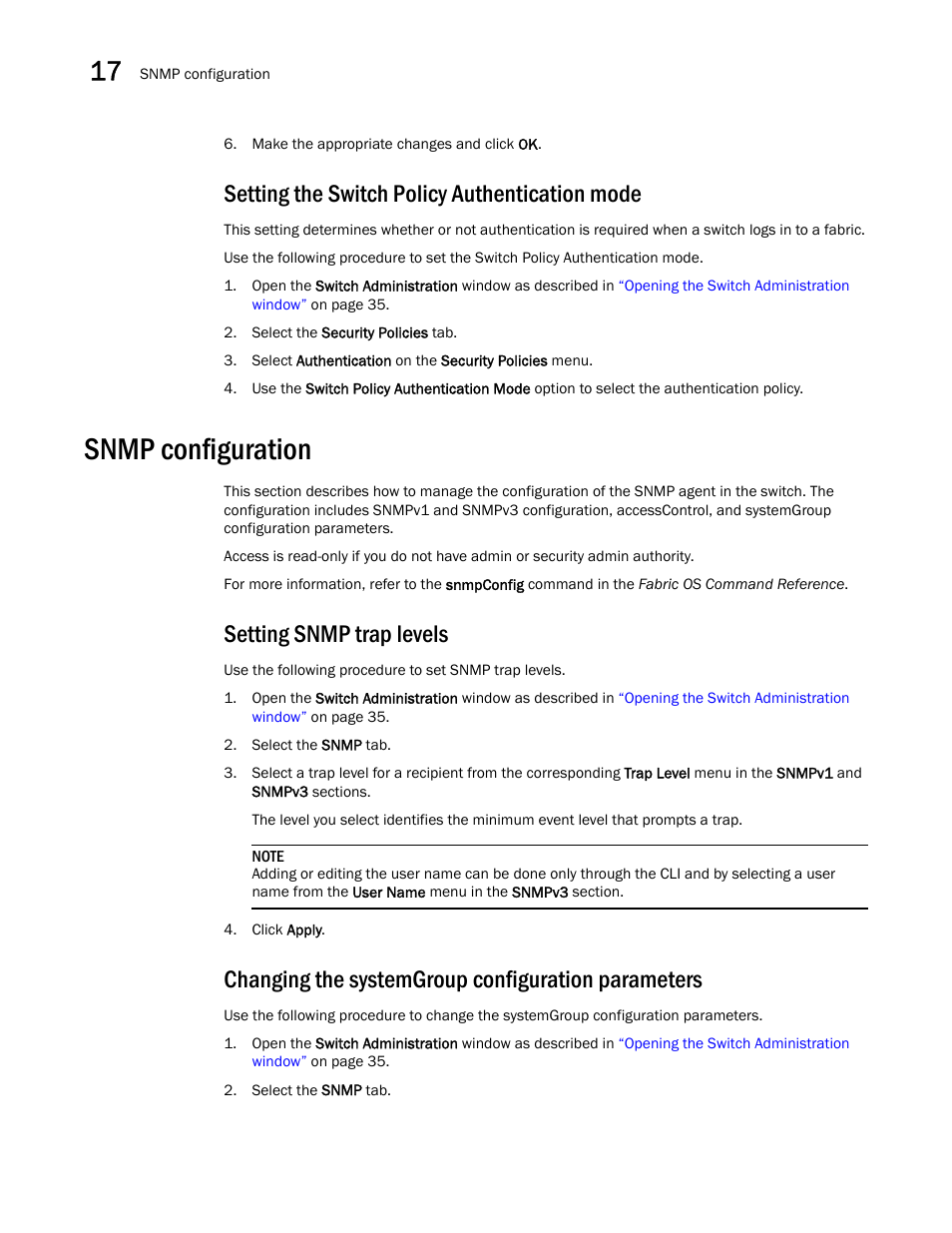 Setting the switch policy authentication mode, Snmp configuration, Setting snmp trap levels | Changing the systemgroup configuration parameters | Dell POWEREDGE M1000E User Manual | Page 250 / 310