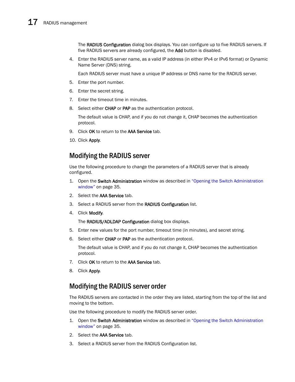 Modifying the radius server, Modifying the radius server order | Dell POWEREDGE M1000E User Manual | Page 254 / 310