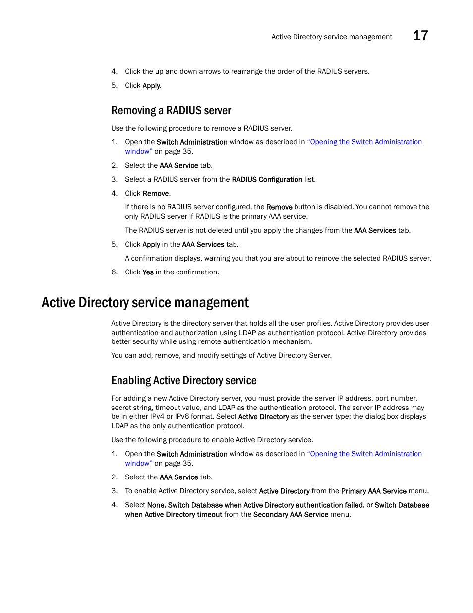 Removing a radius server, Active directory service management, Enabling active directory service | Dell POWEREDGE M1000E User Manual | Page 255 / 310