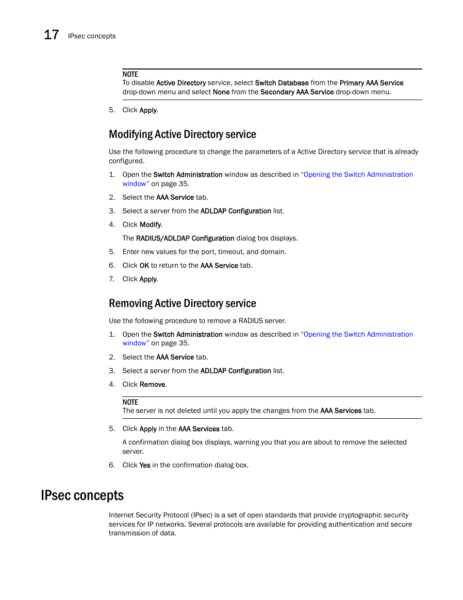 Modifying active directory service, Removing active directory service, Ipsec concepts | Dell POWEREDGE M1000E User Manual | Page 256 / 310