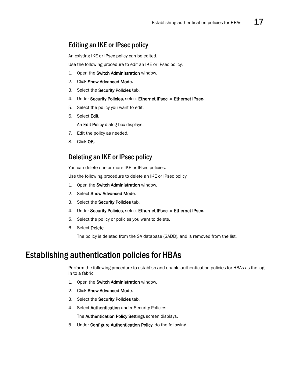 Editing an ike or ipsec policy, Deleting an ike or ipsec policy, Establishing authentication policies for hbas | Dell POWEREDGE M1000E User Manual | Page 269 / 310