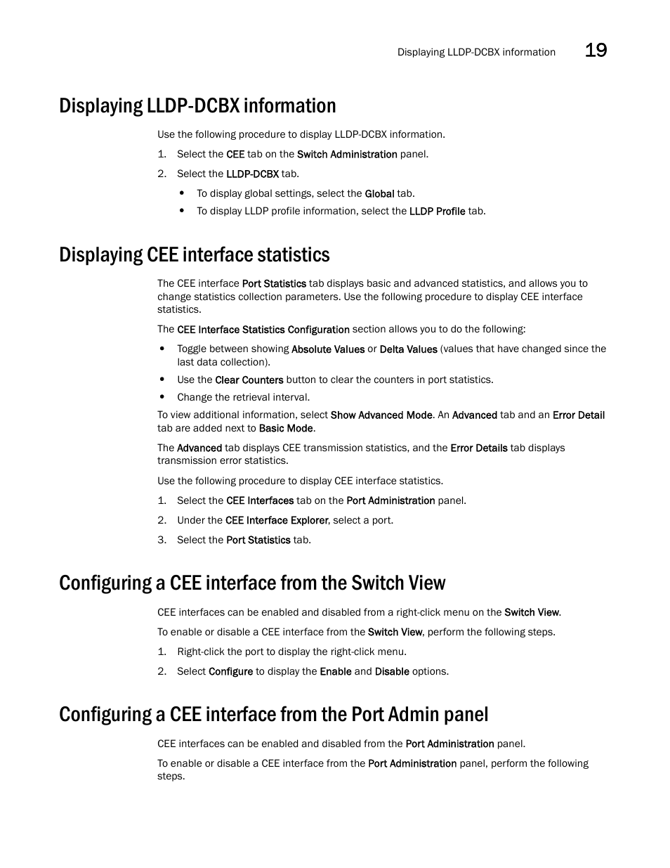 Displaying lldp-dcbx information, Displaying cee interface statistics, Configuring a cee interface from the switch view | Dell POWEREDGE M1000E User Manual | Page 295 / 310