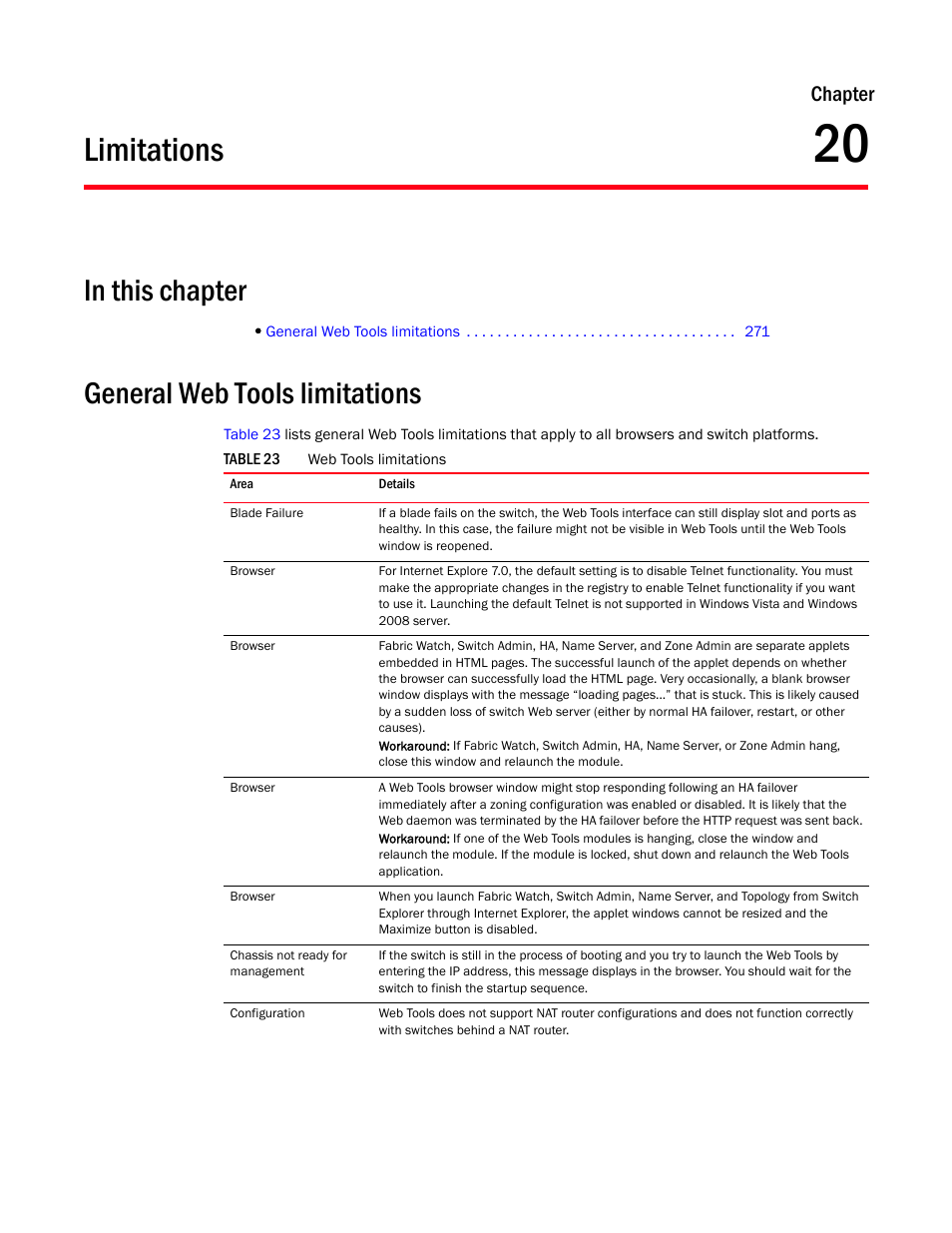 Limitations, In this chapter, General web tools limitations | Chapter 20, Table 23, Chapter 20, “limitations, Chapter | Dell POWEREDGE M1000E User Manual | Page 299 / 310