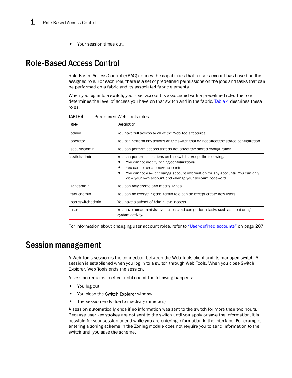 Role-based access control, Session management, Table 4 | Dell POWEREDGE M1000E User Manual | Page 42 / 310