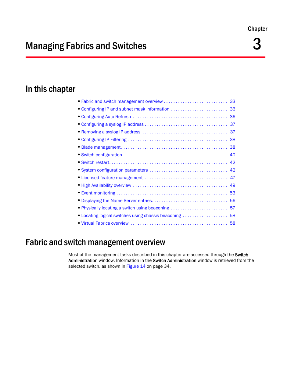 Managing fabrics and switches, In this chapter, Fabric and switch management overview | Chapter 3, Chapter 3, “managing fabrics and switches | Dell POWEREDGE M1000E User Manual | Page 61 / 310