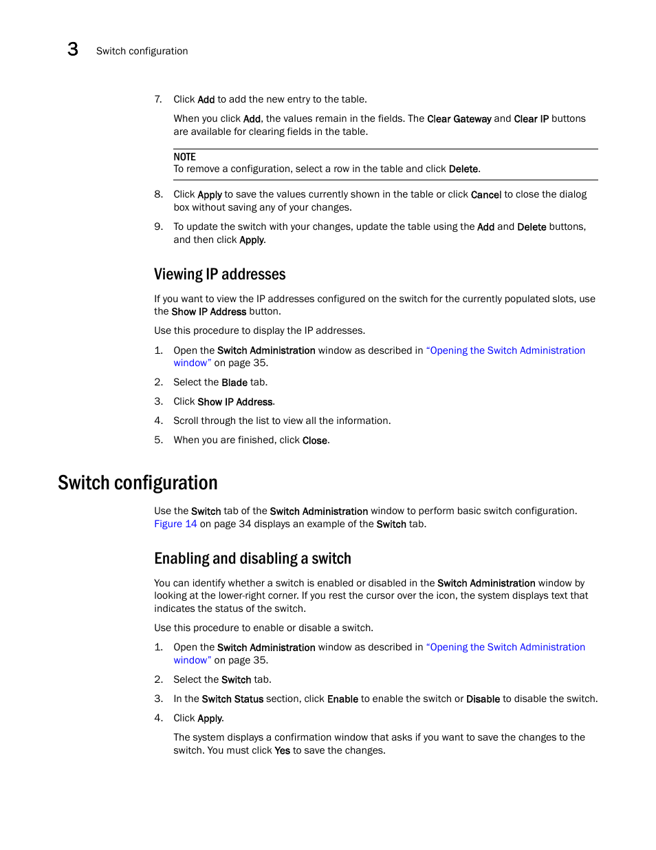 Viewing ip addresses, Switch configuration, Enabling and disabling a switch | Dell POWEREDGE M1000E User Manual | Page 68 / 310