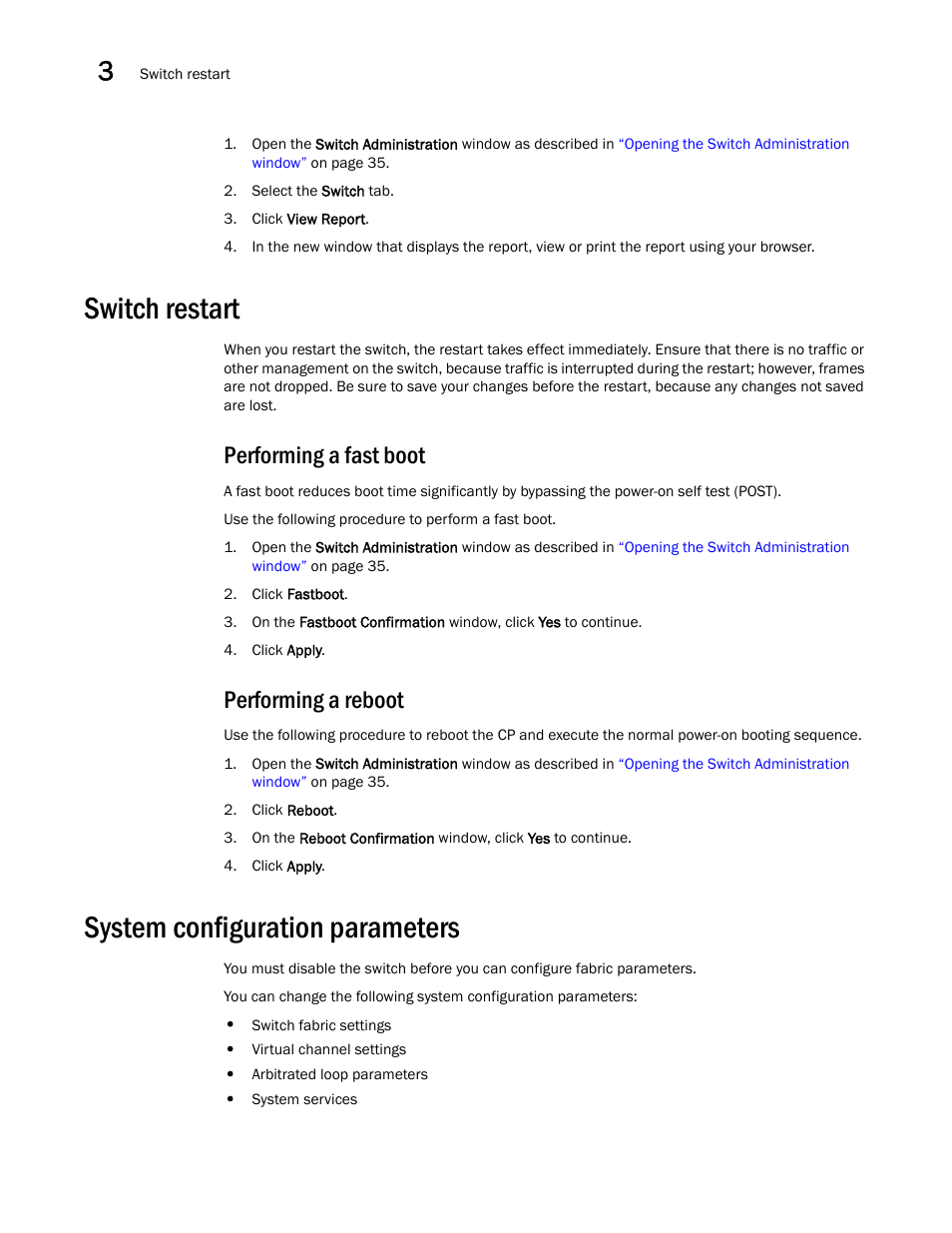 Switch restart, Performing a fast boot, Performing a reboot | System configuration parameters | Dell POWEREDGE M1000E User Manual | Page 70 / 310