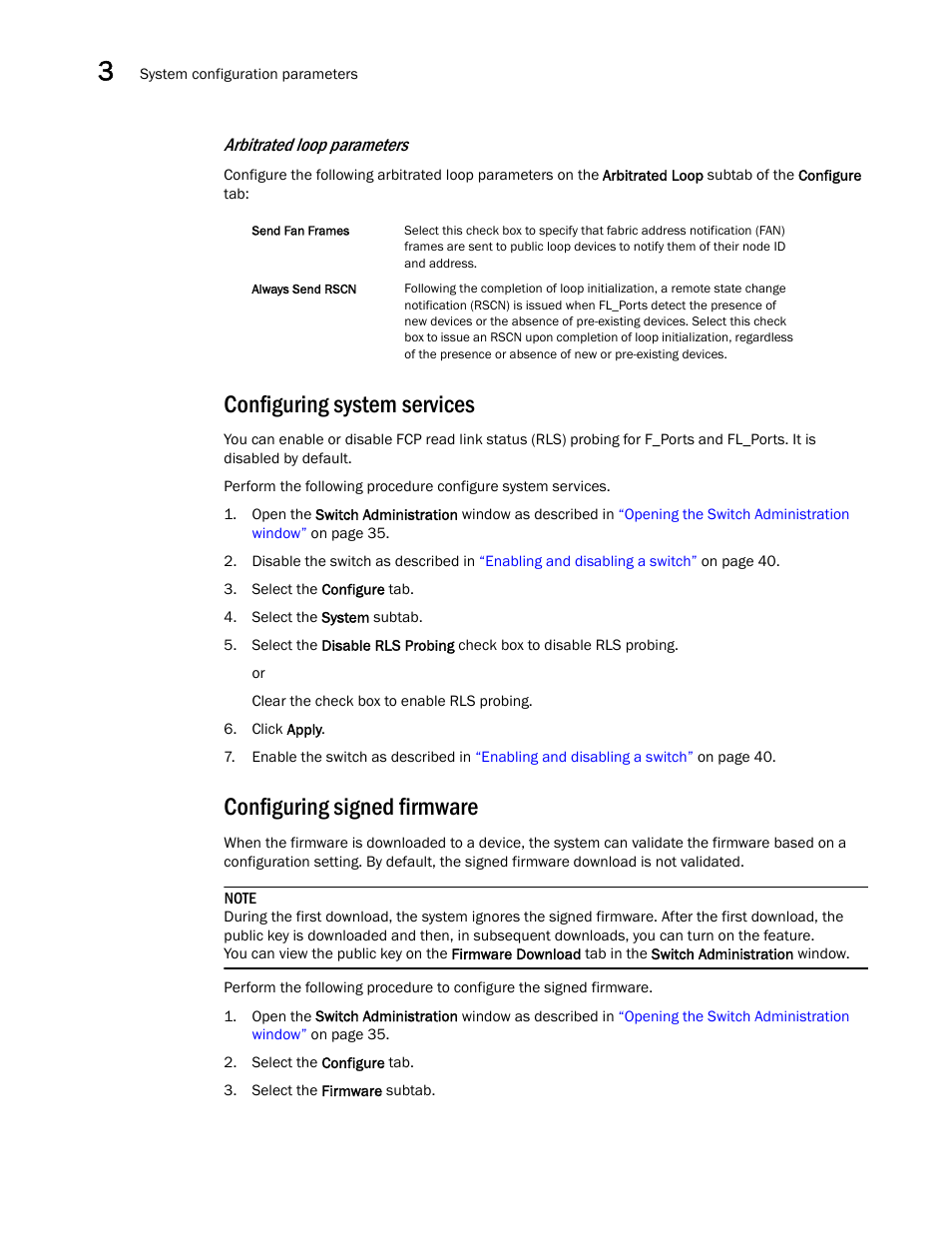 Configuring system services, Configuring signed firmware, Arbitrated loop parameters | Dell POWEREDGE M1000E User Manual | Page 74 / 310