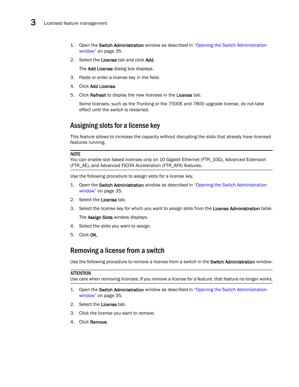 Assigning slots for a license key, Removing a license from a switch | Dell POWEREDGE M1000E User Manual | Page 76 / 310