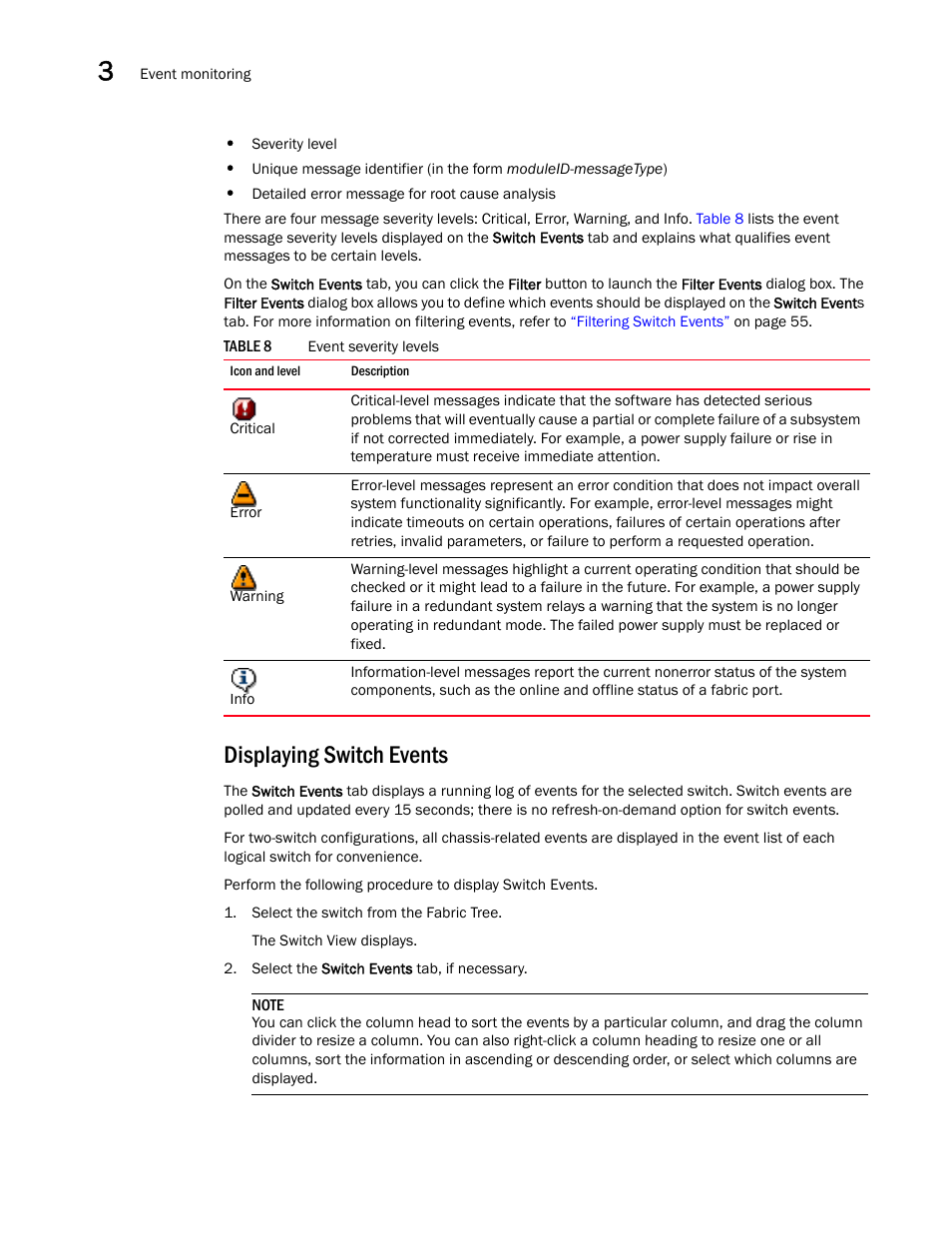 Displaying switch events, Table 8 | Dell POWEREDGE M1000E User Manual | Page 82 / 310