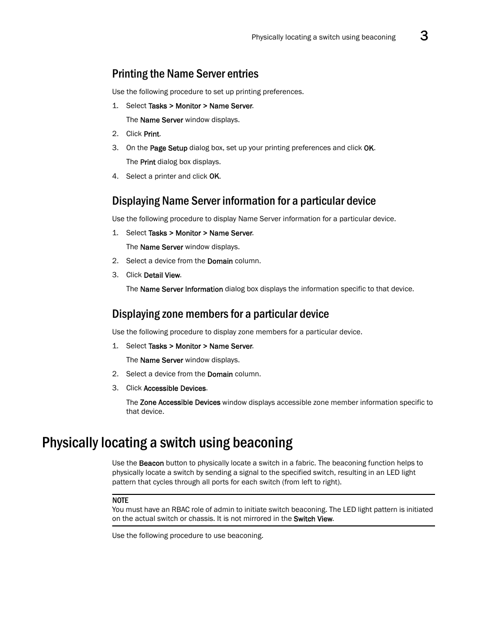 Printing the name server entries, Displaying zone members for a particular device, Physically locating a switch using beaconing | Dell POWEREDGE M1000E User Manual | Page 85 / 310