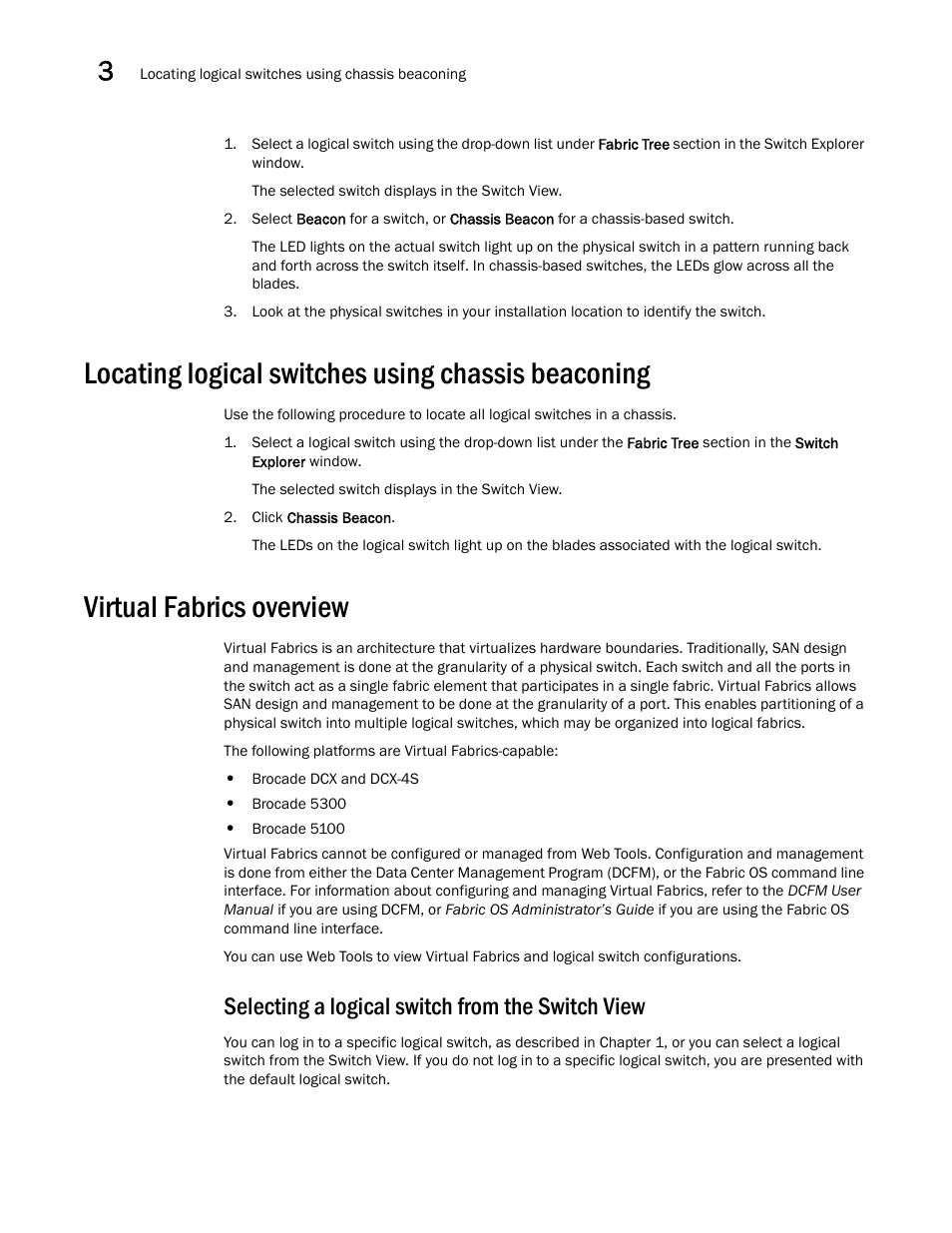 Locating logical switches using chassis beaconing, Virtual fabrics overview, Selecting a logical switch from the switch view | Dell POWEREDGE M1000E User Manual | Page 86 / 310