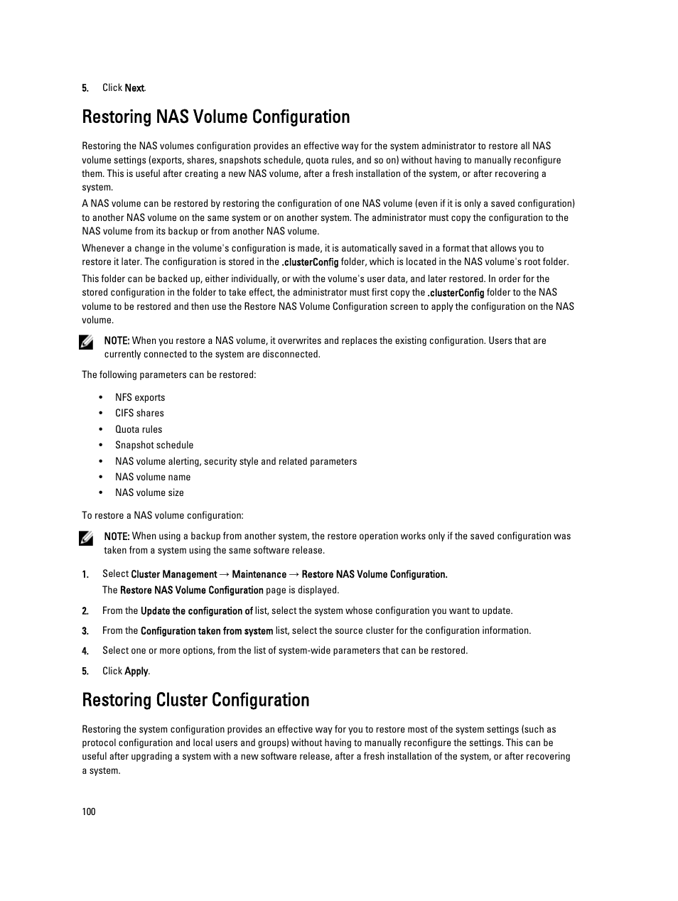 Restoring nas volume configuration, Restoring cluster configuration | Dell PowerVault NX3600 User Manual | Page 100 / 117
