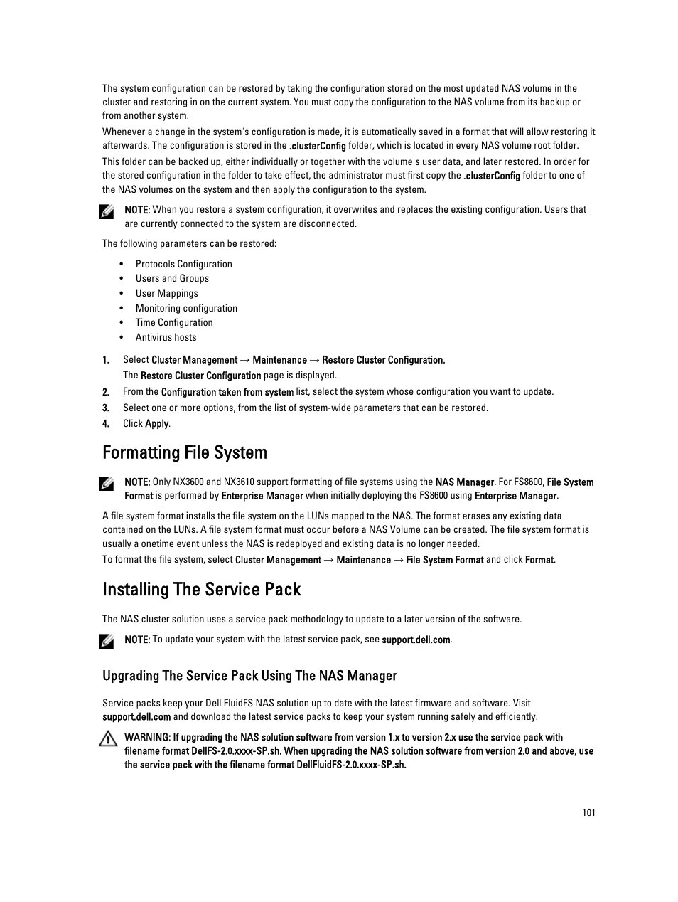 Formatting file system, Installing the service pack, Upgrading the service pack using the nas manager | Dell PowerVault NX3600 User Manual | Page 101 / 117