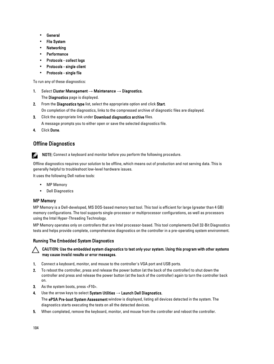 Offline diagnostics, Mp memory, Running the embedded system diagnostics | Dell PowerVault NX3600 User Manual | Page 104 / 117