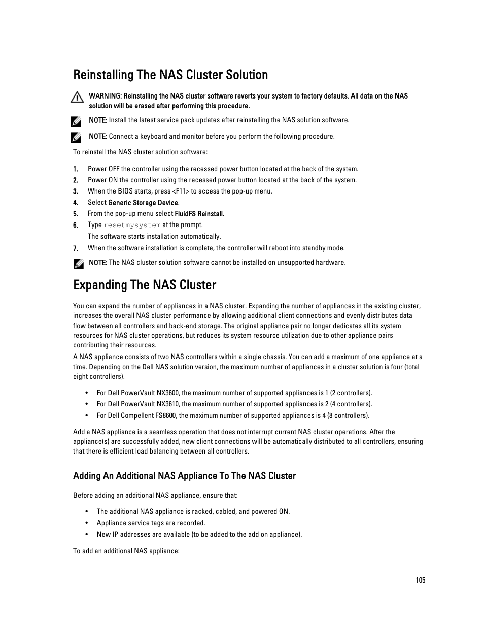 Reinstalling the nas cluster solution, Expanding the nas cluster | Dell PowerVault NX3600 User Manual | Page 105 / 117