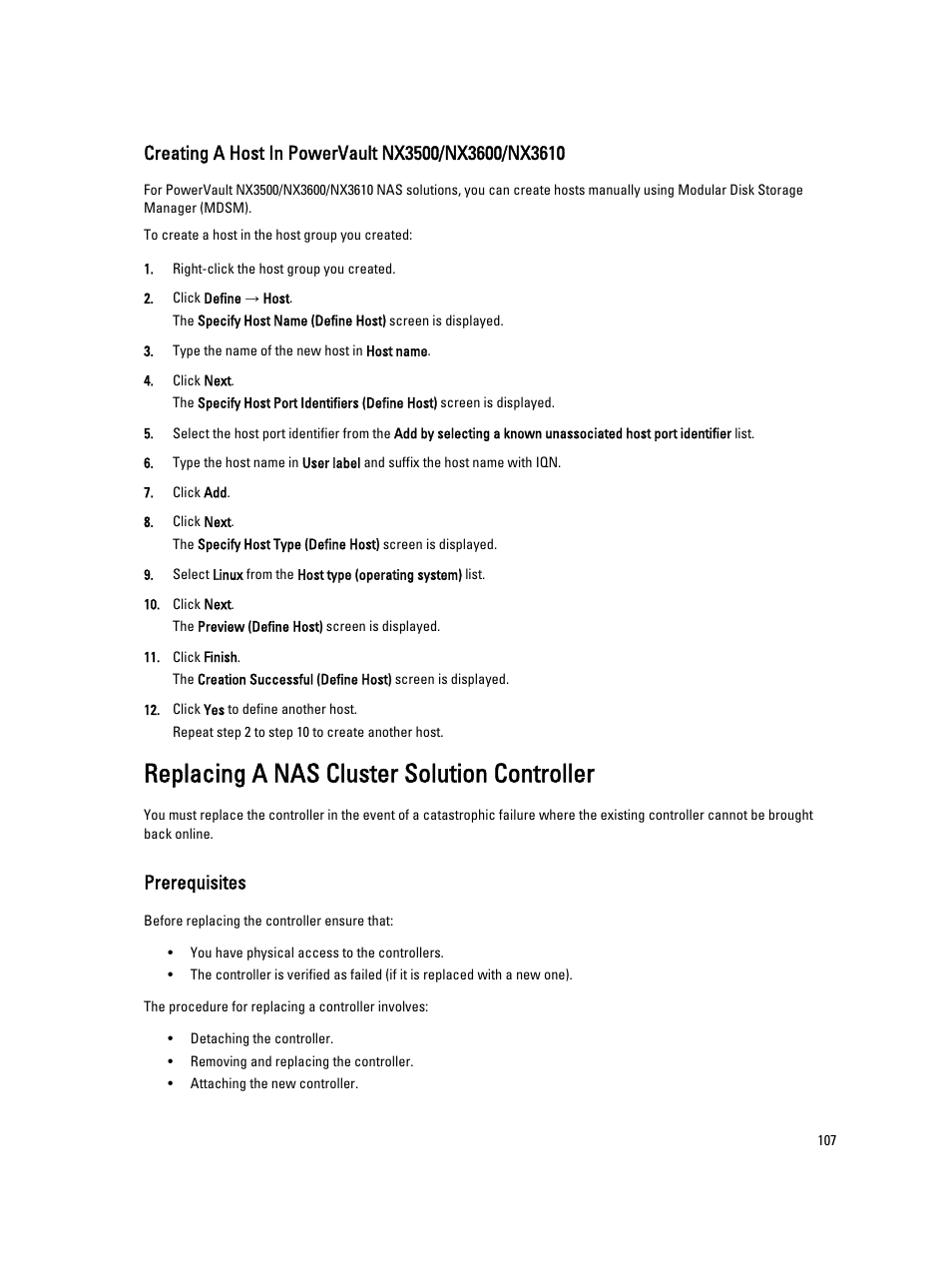 Creating a host in powervault nx3500/nx3600/nx3610, Replacing a nas cluster solution controller, Prerequisites | Dell PowerVault NX3600 User Manual | Page 107 / 117