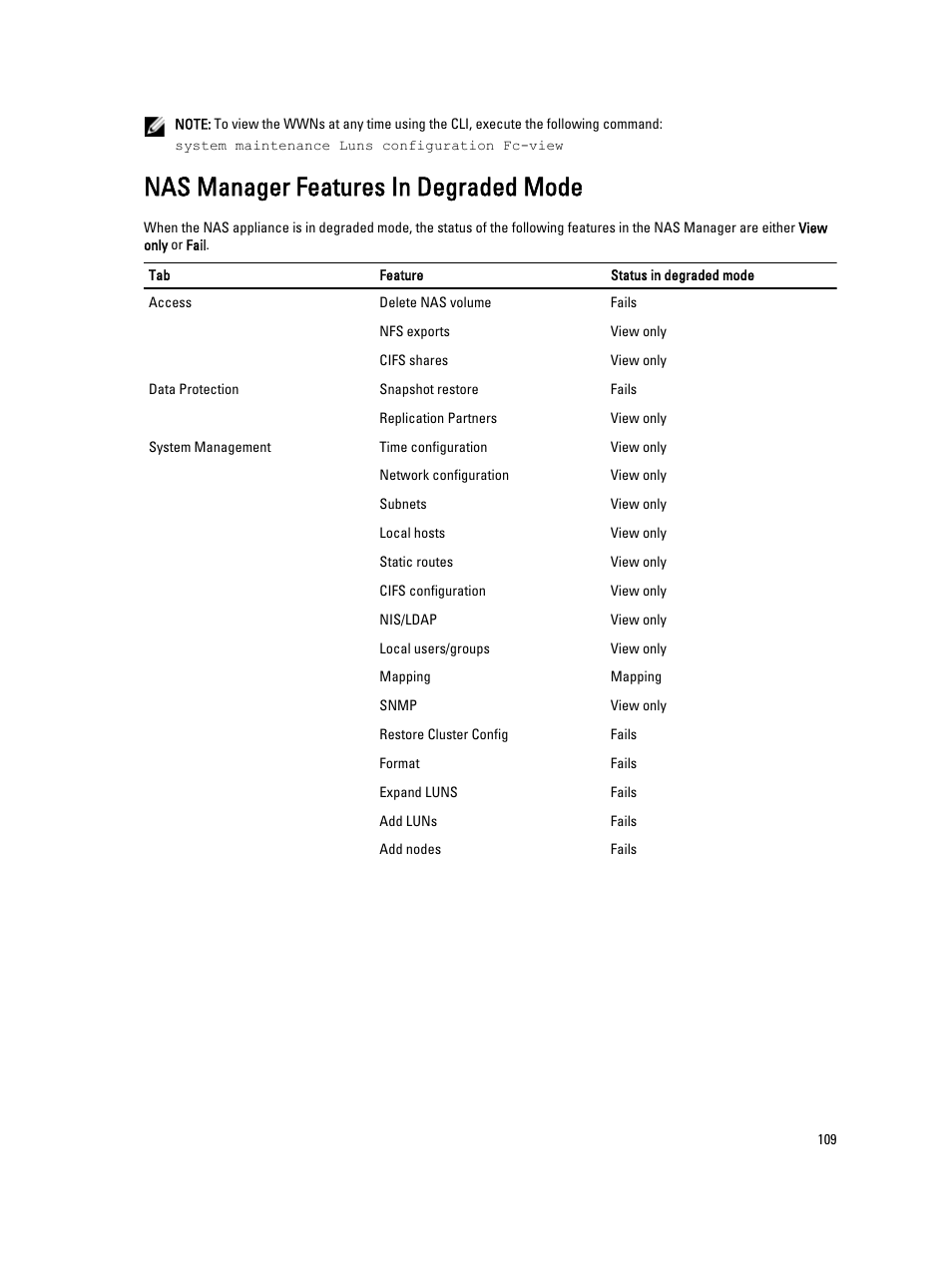 Nas manager features in degraded mode | Dell PowerVault NX3600 User Manual | Page 109 / 117