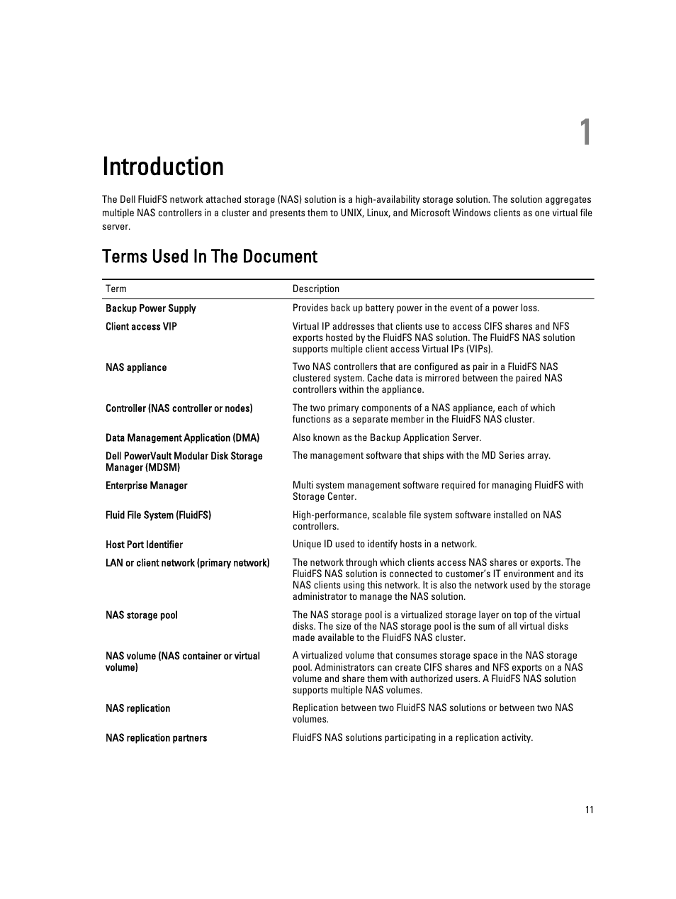 Introduction, Terms used in the document, 1 introduction | Dell PowerVault NX3600 User Manual | Page 11 / 117