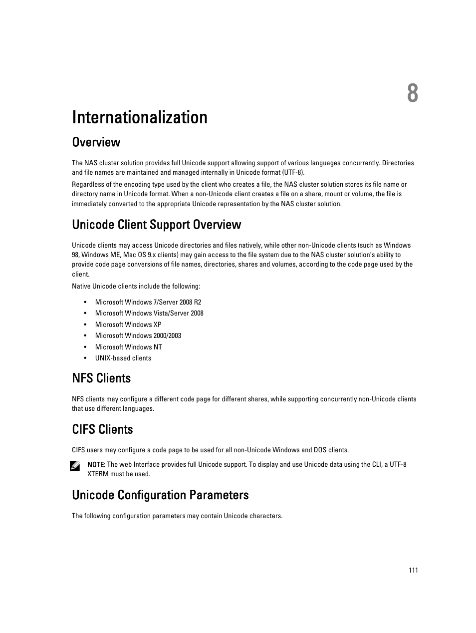 Internationalization, Overview, Unicode client support overview | Nfs clients, Cifs clients, Unicode configuration parameters, 8 internationalization | Dell PowerVault NX3600 User Manual | Page 111 / 117