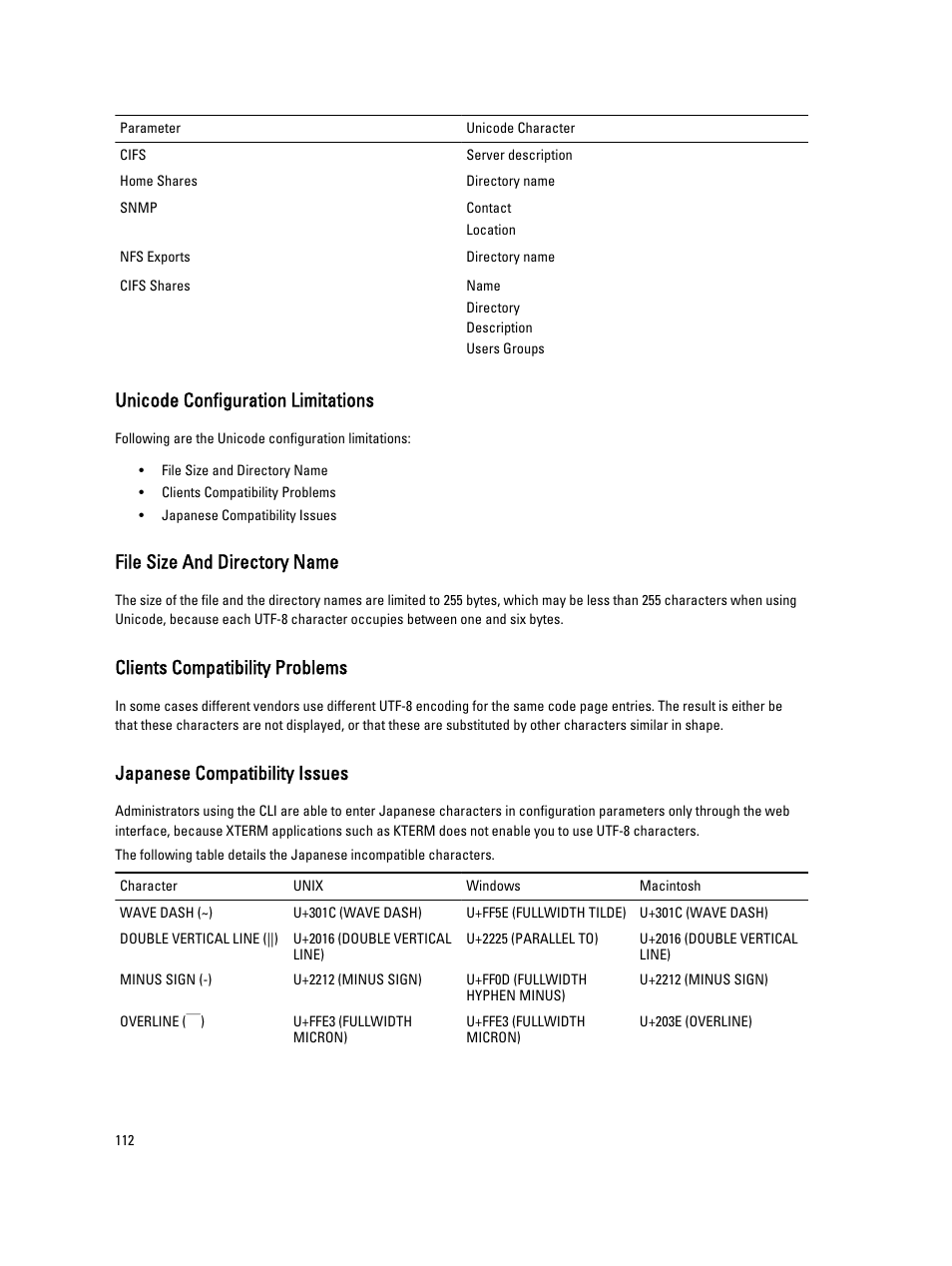 Unicode configuration limitations, File size and directory name, Clients compatibility problems | Japanese compatibility issues | Dell PowerVault NX3600 User Manual | Page 112 / 117