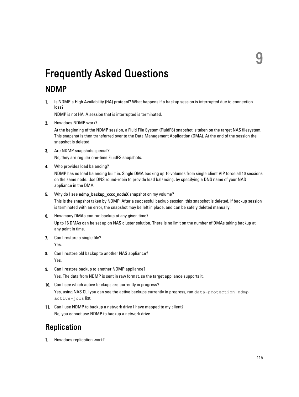 Frequently asked questions, Ndmp, Replication | 9 frequently asked questions | Dell PowerVault NX3600 User Manual | Page 115 / 117