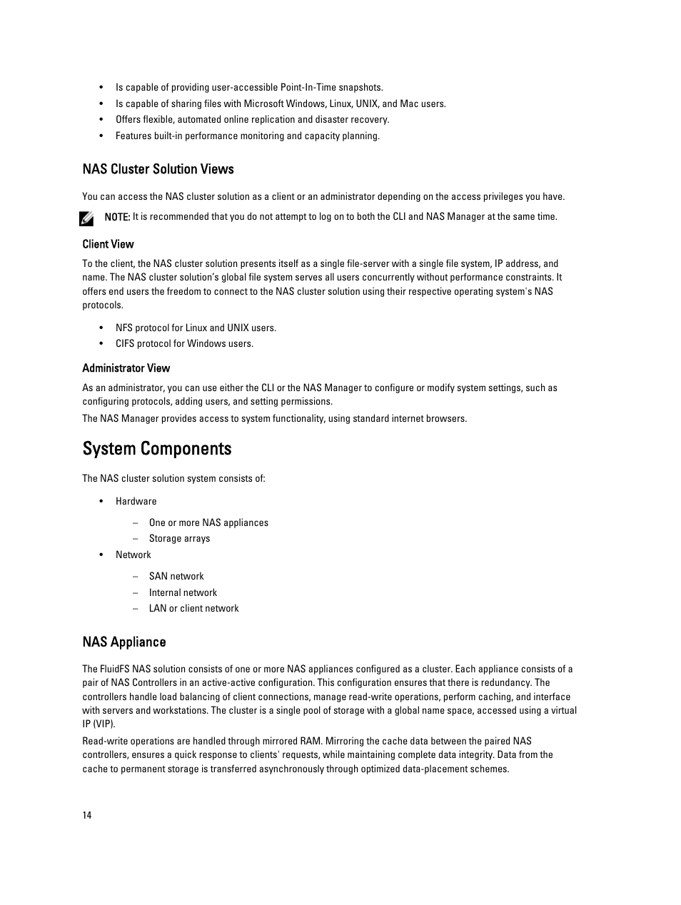 Nas cluster solution views, Client view, Administrator view | System components, Nas appliance | Dell PowerVault NX3600 User Manual | Page 14 / 117