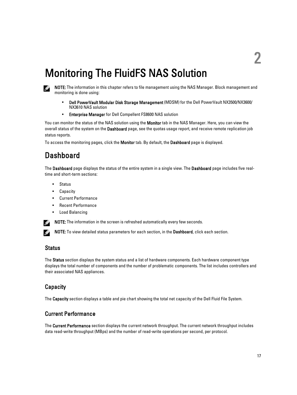 Monitoring the fluidfs nas solution, Dashboard, Status | Capacity, Current performance, 2 monitoring the fluidfs nas solution | Dell PowerVault NX3600 User Manual | Page 17 / 117