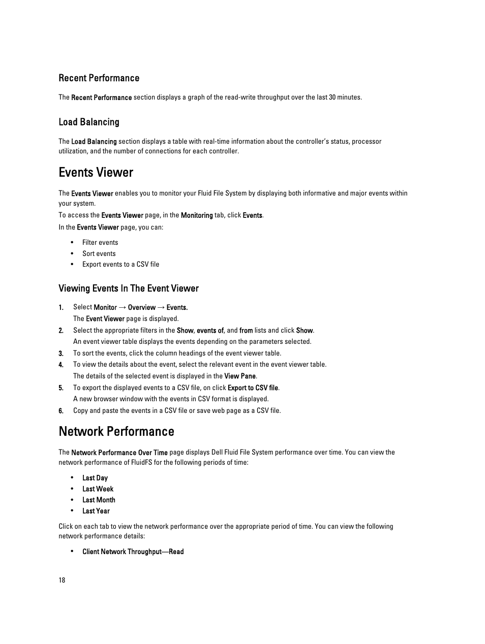 Recent performance, Load balancing, Events viewer | Viewing events in the event viewer, Network performance | Dell PowerVault NX3600 User Manual | Page 18 / 117
