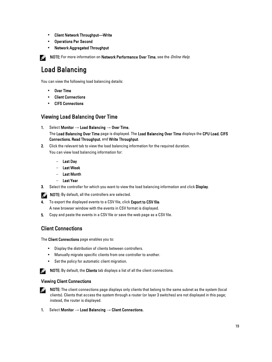 Load balancing, Viewing load balancing over time, Client connections | Viewing client connections | Dell PowerVault NX3600 User Manual | Page 19 / 117