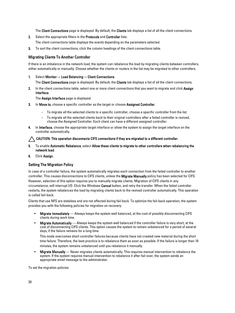 Migrating clients to another controller, Setting the migration policy | Dell PowerVault NX3600 User Manual | Page 20 / 117