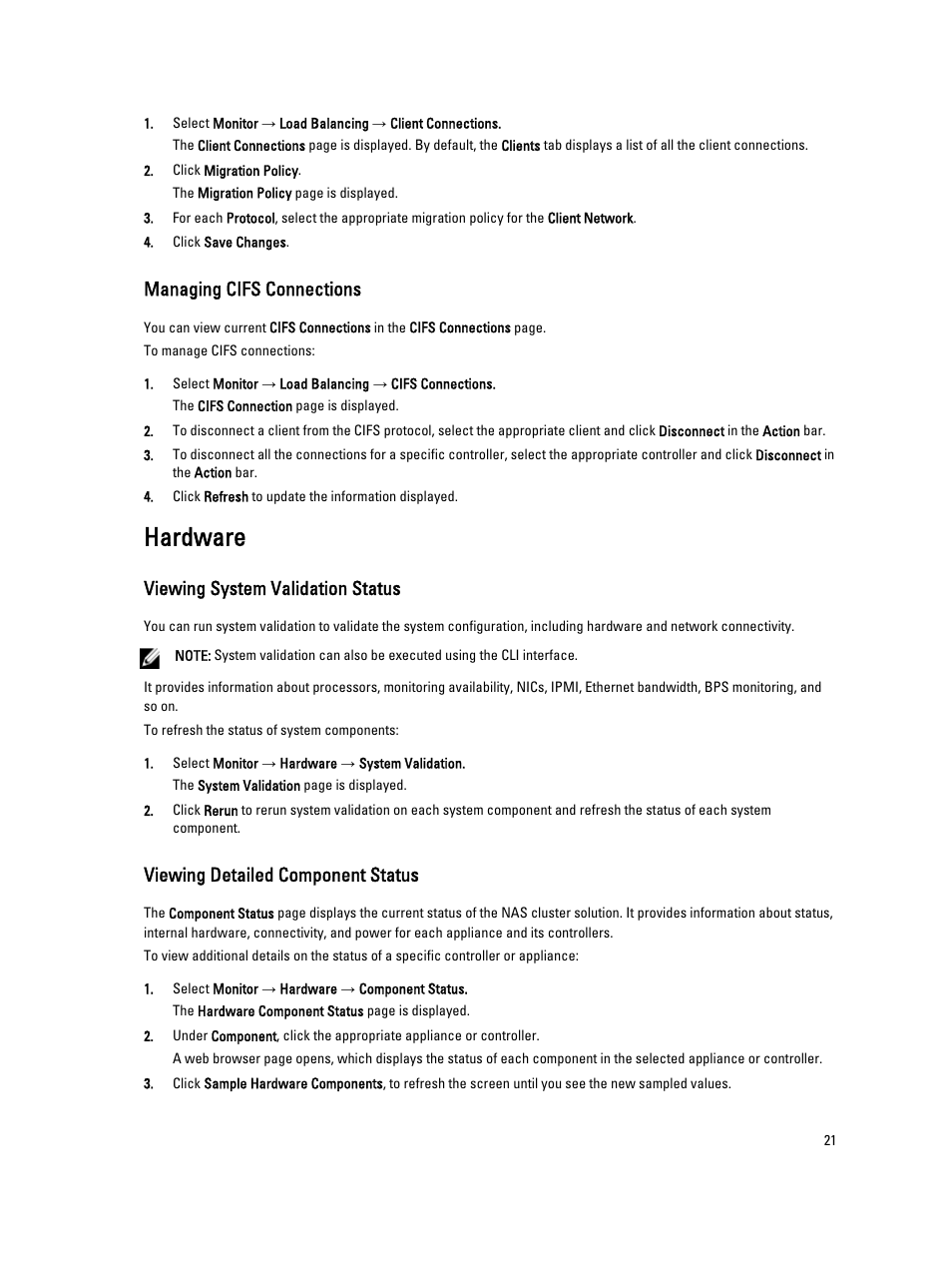 Managing cifs connections, Hardware, Viewing system validation status | Viewing detailed component status | Dell PowerVault NX3600 User Manual | Page 21 / 117