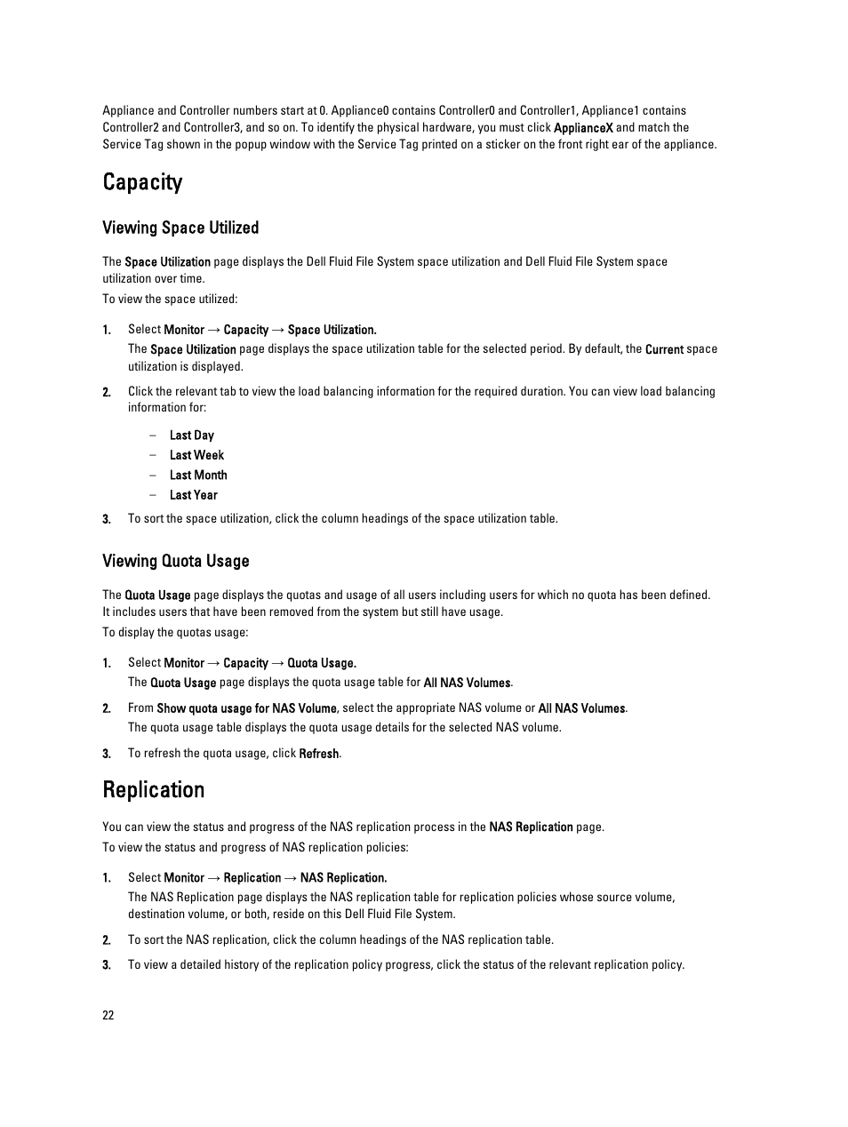 Capacity, Viewing space utilized, Viewing quota usage | Replication | Dell PowerVault NX3600 User Manual | Page 22 / 117