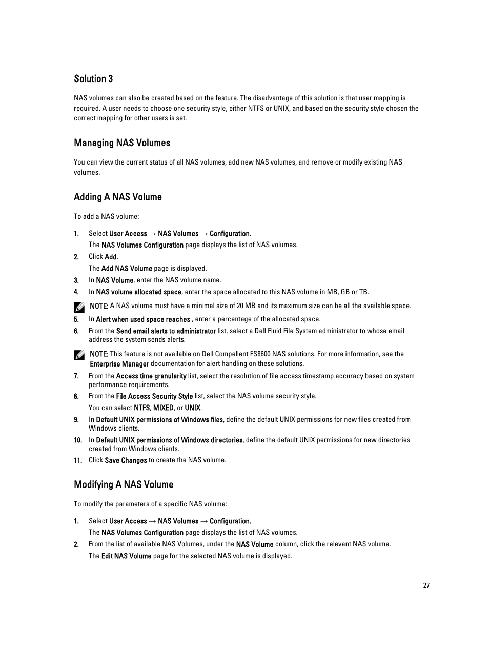 Solution 3, Managing nas volumes, Adding a nas volume | Modifying a nas volume | Dell PowerVault NX3600 User Manual | Page 27 / 117