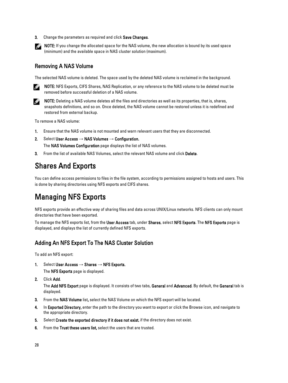 Removing a nas volume, Shares and exports, Managing nfs exports | Adding an nfs export to the nas cluster solution | Dell PowerVault NX3600 User Manual | Page 28 / 117