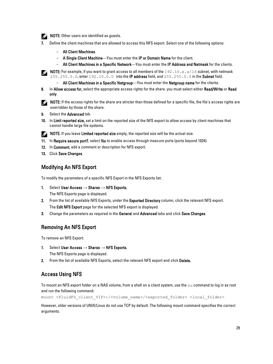 Modifying an nfs export, Removing an nfs export, Access using nfs | Dell PowerVault NX3600 User Manual | Page 29 / 117