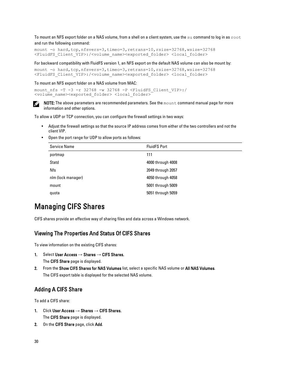 Managing cifs shares, Viewing the properties and status of cifs shares, Adding a cifs share | Dell PowerVault NX3600 User Manual | Page 30 / 117