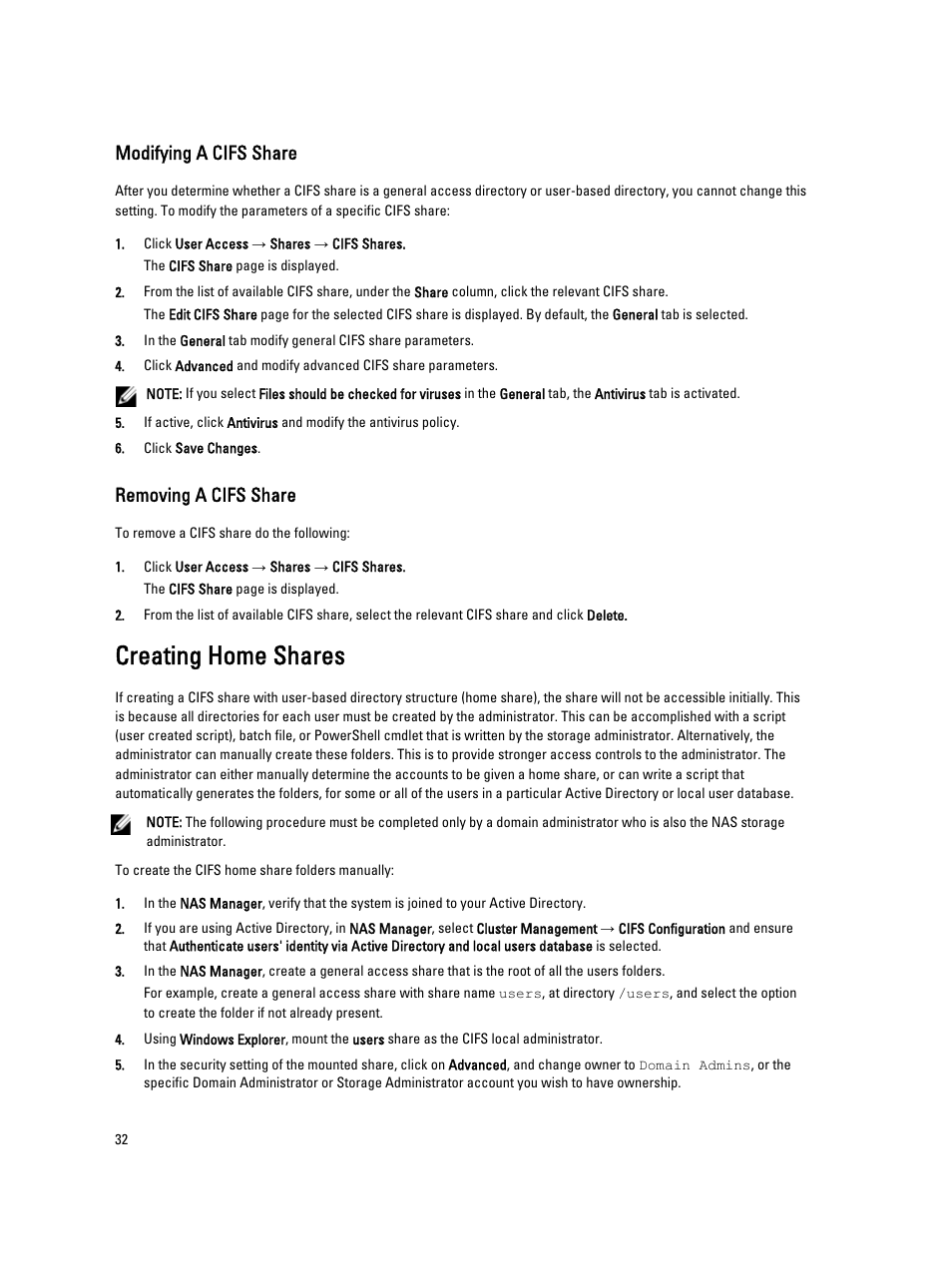 Modifying a cifs share, Removing a cifs share, Creating home shares | Dell PowerVault NX3600 User Manual | Page 32 / 117