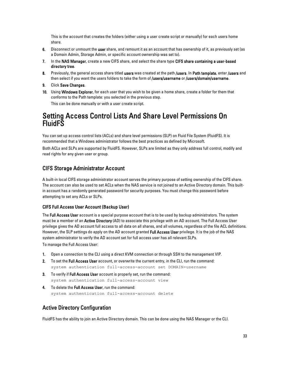 Cifs storage administrator account, Cifs full access user account (backup user), Active directory configuration | Dell PowerVault NX3600 User Manual | Page 33 / 117