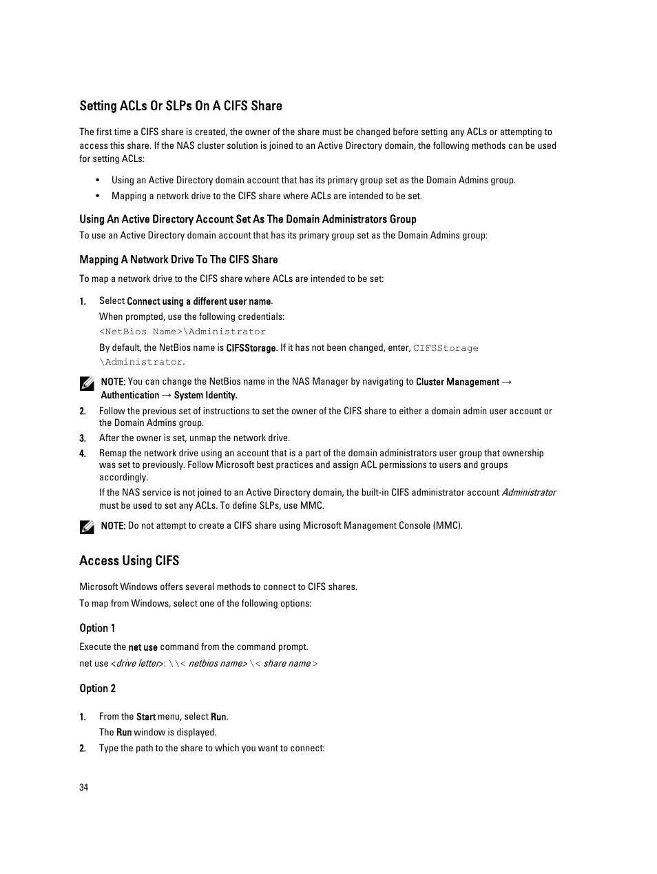 Setting acls or slps on a cifs share, Mapping a network drive to the cifs share, Access using cifs | Option 1, Option 2 | Dell PowerVault NX3600 User Manual | Page 34 / 117