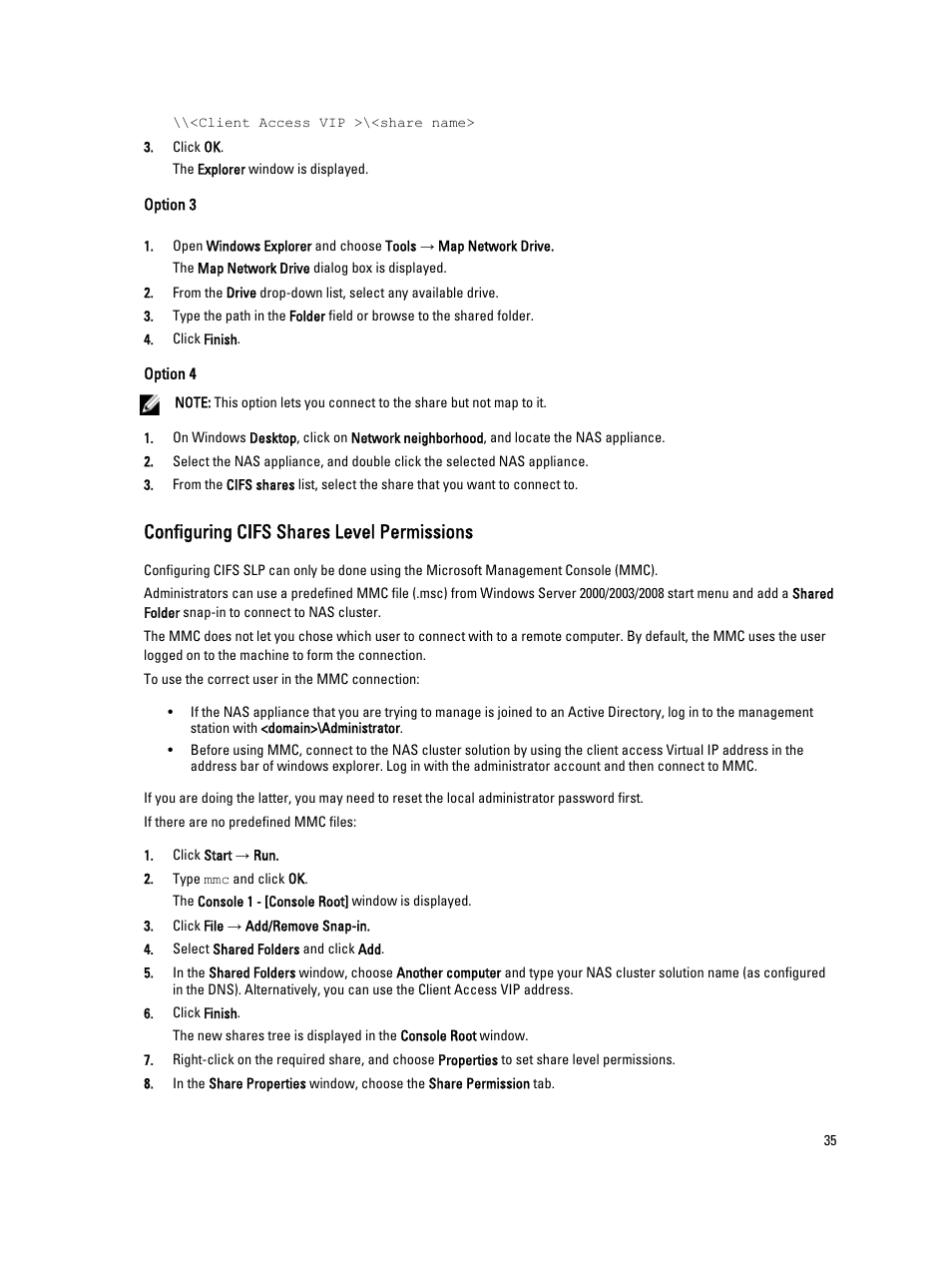 Option 3, Option 4, Configuring cifs shares level permissions | Dell PowerVault NX3600 User Manual | Page 35 / 117