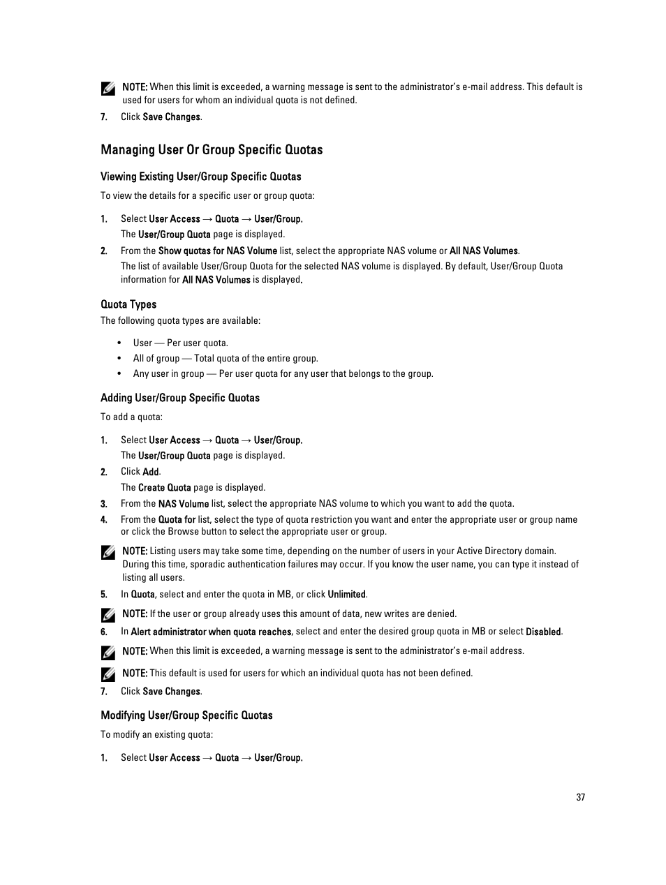 Managing user or group specific quotas, Viewing existing user/group specific quotas, Quota types | Adding user/group specific quotas, Modifying user/group specific quotas | Dell PowerVault NX3600 User Manual | Page 37 / 117