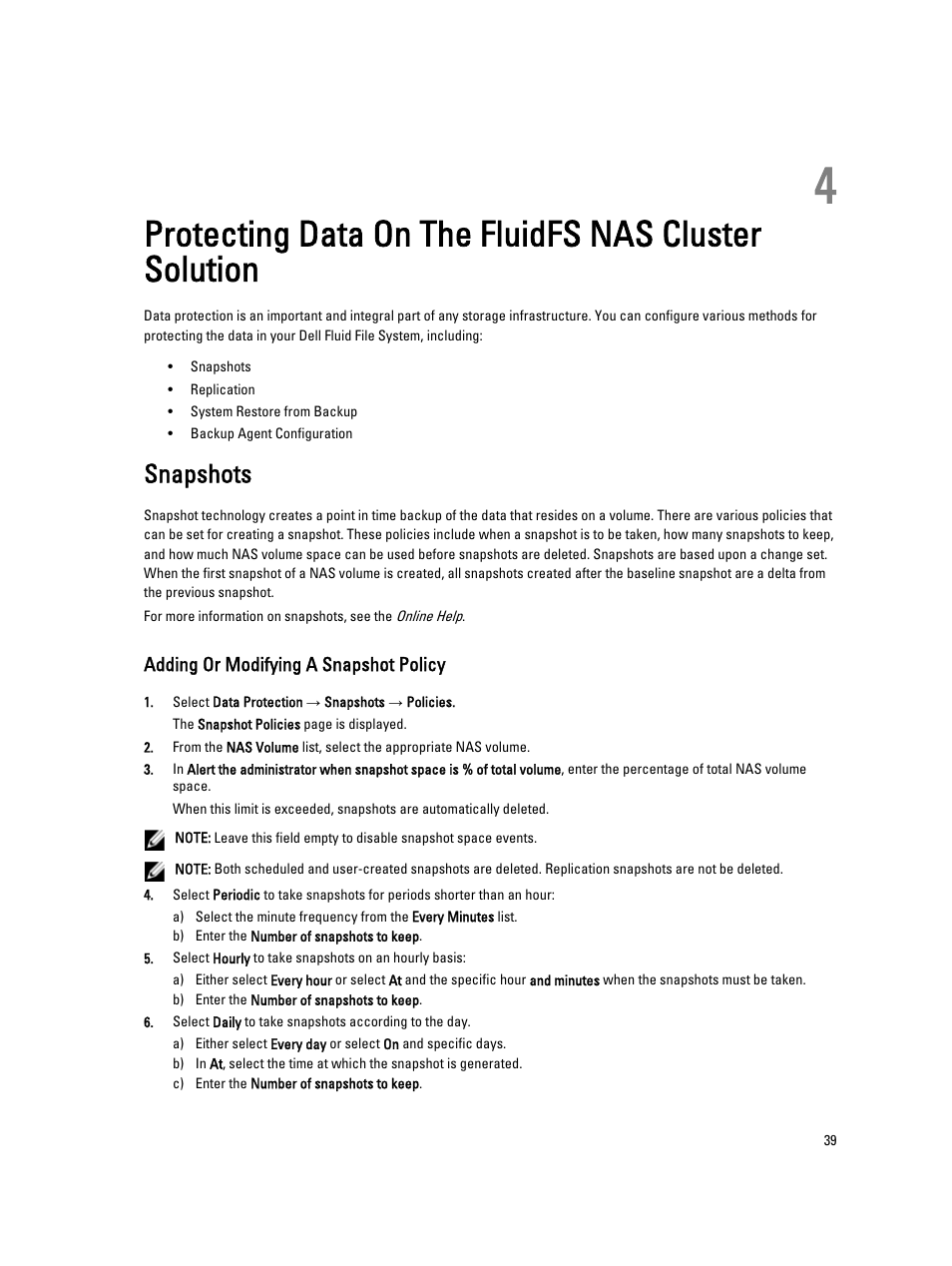 Snapshots, Adding or modifying a snapshot policy | Dell PowerVault NX3600 User Manual | Page 39 / 117